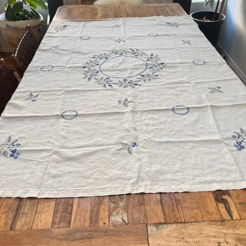 Antique Linen Tablecloth Blue & White Florals Hand Embroidered 64.5 x 47